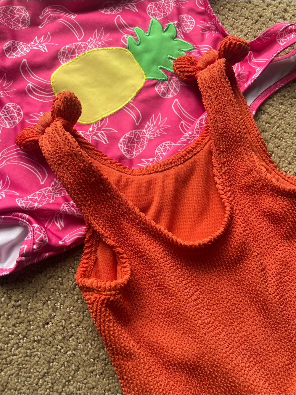 5T Kids Pink Pineapple Print One-Piece Swimsuit & Orange Textured One-Piece Set